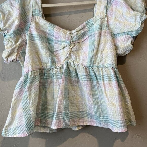 Puff-Sleeve Smocked Seersucker Babydoll Swing Blouse Women XL - Picture 7 of 9